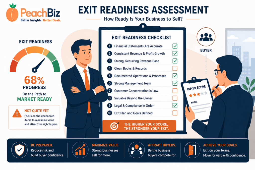Flat-design illustration of a business owner beside a ten-item checklist with some items checked and some unchecked, a buyer figure observing and scoring in the background, and a readiness gauge showing progress toward market ready, in a peach-orange and navy palette.