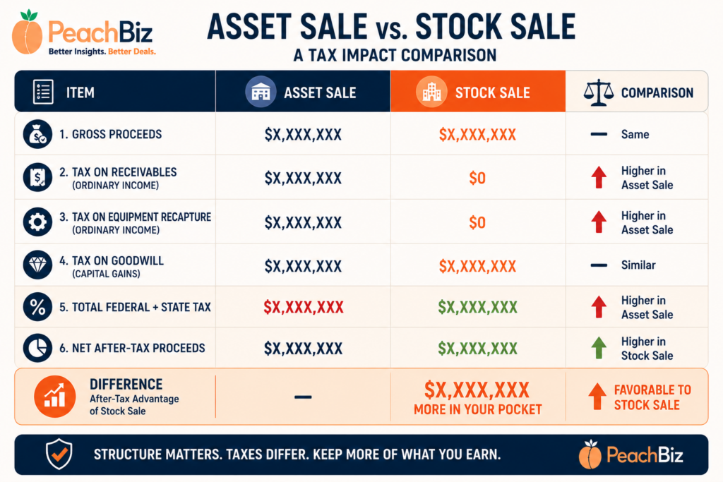 Flat-design side-by-side comparison table with asset sale and stock sale columns showing rows for gross proceeds, tax on receivables at ordinary income rates, tax on equipment recapture, tax on goodwill at capital gains rates, total federal and state tax, and net after-tax proceeds, with the asset sale showing higher total tax and a peach-orange difference row highlighting the stock sale advantage, using placeholder dollar amounts.