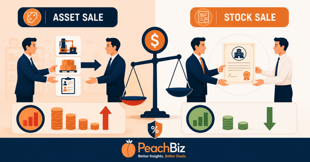 Wide-format flat-design illustration split into two halves — an asset sale showing individual assets like equipment, inventory, and a customer list transferring with a higher tax indicator, and a stock sale showing business entity shares transferring with a lower tax indicator — with a dollar sign scale between them, in a warm peach-orange and dark navy palette.