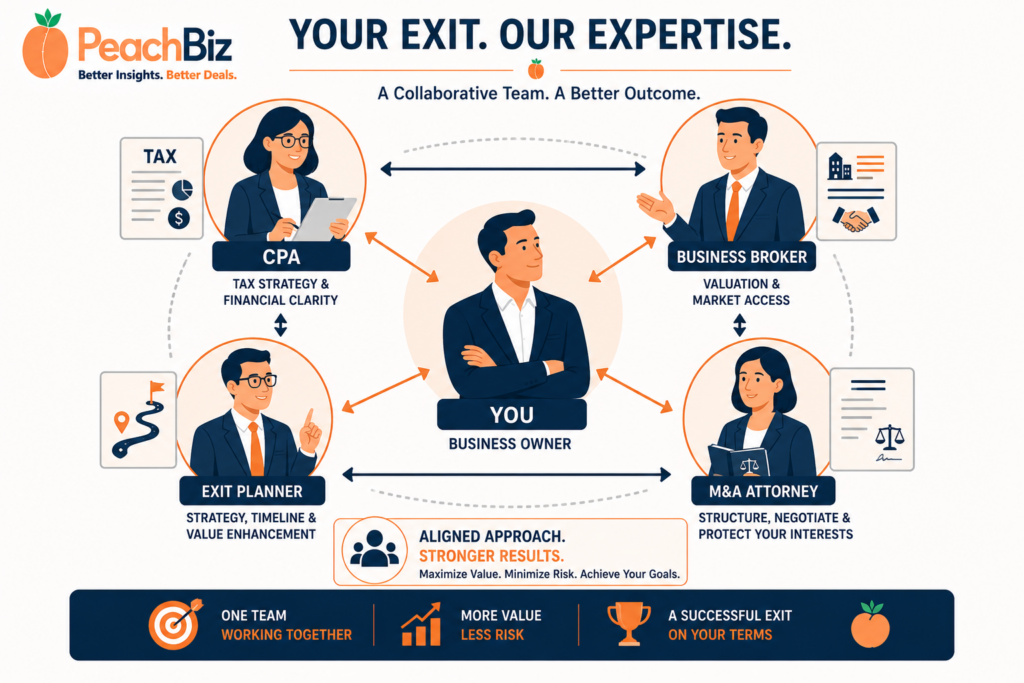 Flat-design illustration of a professional advisory team with four figures around a central business owner — a CPA with a tax document icon, a business broker with a handshake icon, an exit planner with a roadmap icon, and an M&A attorney with a legal document icon — connected by arrows showing collaboration among advisors and with the client, in a peach-orange and navy palette.