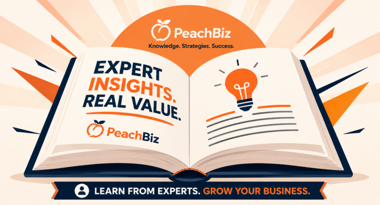 Illustration of an open book with a lightbulb, representing PeachBiz's free educational guides
