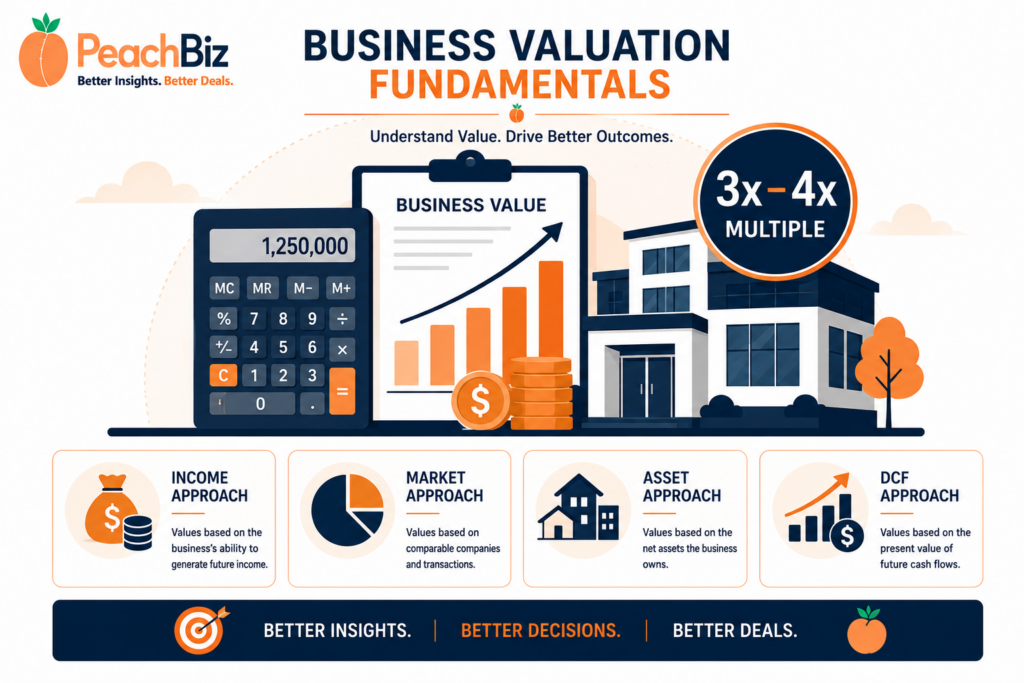 Flat-design illustration of business valuation fundamentals with a calculator, a rising bar chart, a multiple symbol showing 3x and 4x, and a business building icon, plus four small icons below representing the income, market, asset, and discounted cash flow approaches, in a peach-orange and navy palette.