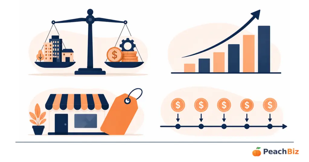 Four business valuation methods: asset-based, EBITDA, market comparables, and discounted cash flow.