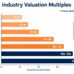 Flat-design horizontal bar chart comparing business valuation multiples across industries, with shorter bars for restaurants and retail and longer bars for SaaS and healthcare, labeled with ranges such as 2x–3x, 4x–6x, and 8x–15x.