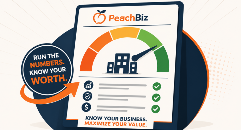 Illustration of a business valuation report with a score gauge, representing PeachBiz's calculator suite