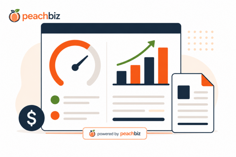 Illustration of a business valuation report with a score gauge and growth chart, representing ExitValuator Pro