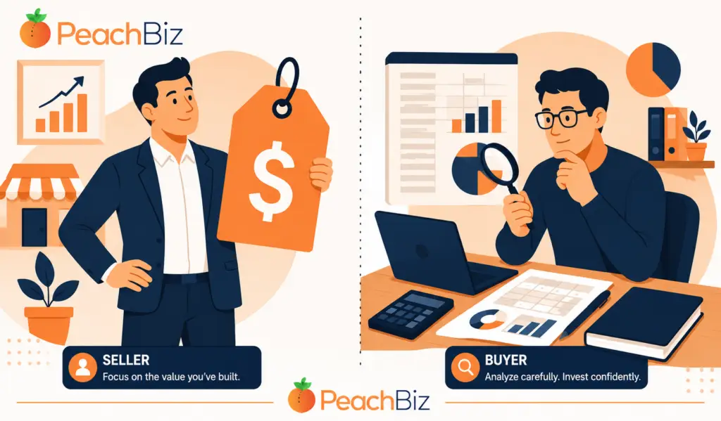 Flat-design illustration split into two halves, with a confident seller holding a large price tag on the left and an analytical buyer at a desk with a calculator, spreadsheet, and magnifying glass on the right, divided by a gap in the middle.