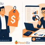 Flat-design illustration split into two halves, with a confident seller holding a large price tag on the left and an analytical buyer at a desk with a calculator, spreadsheet, and magnifying glass on the right, divided by a gap in the middle.