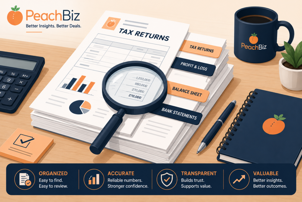 Flat-design illustration of a neat stack of financial documents on a desk — tax returns, profit and loss statements, a balance sheet, and bank statements — each with a small label tab, and a magnifying glass resting on top to suggest review and analysis, in a peach-orange and navy palette.