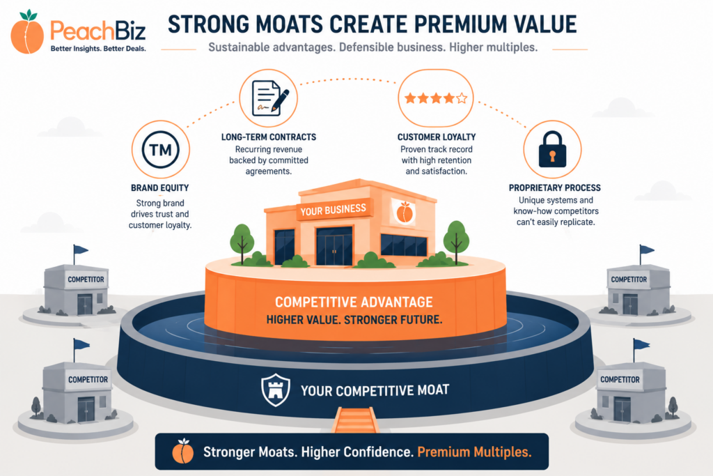 Flat-design illustration of a business on an elevated platform above competitors, surrounded by a protective moat, with icons for competitive advantages — a trademark symbol, a contract document, a star rating, and a lock representing a proprietary process — in peach-orange for the business and navy for the barrier.
