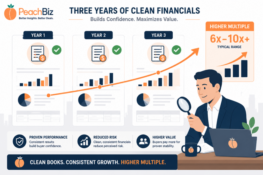 Flat-design illustration of three years of financial documents side by side, each with a green checkmark and an upward trend line connecting them, with a satisfied buyer figure examining the documents and a higher multiple indicator nearby, in a peach-orange and navy palette.
