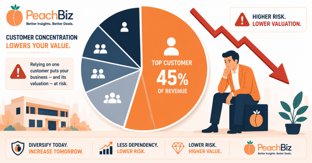 Wide-format flat-design pie chart dominated by one large slice representing a top customer taking 40 to 50 percent of revenue, with smaller slices for other customers and a downward-pointing red arrow signaling declining valuation, in warm peach-orange for the dominant slice, dark navy for the others, and red for the warning arrow.