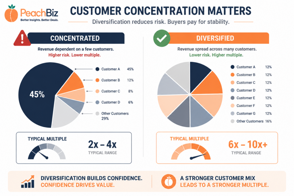 Flat-design illustration comparing two pie charts — a concentrated customer base with one dominant 45 percent slice and a red warning icon, and a diversified base with many similar-sized slices and a green checkmark — each with a multiple indicator below showing lower for concentrated and higher for diversified, in a peach-orange and navy palette.