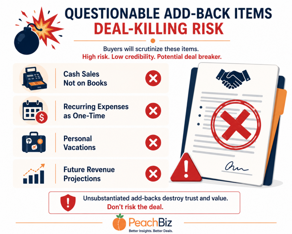 Flat-design illustration listing questionable add-back items with red X icons and a warning icon — cash sales not on the books, recurring expenses claimed as one-time, personal vacations, and future revenue projections — with a deal document stamped with a red X in the background, in peach-orange and red accents with navy text on a white background.