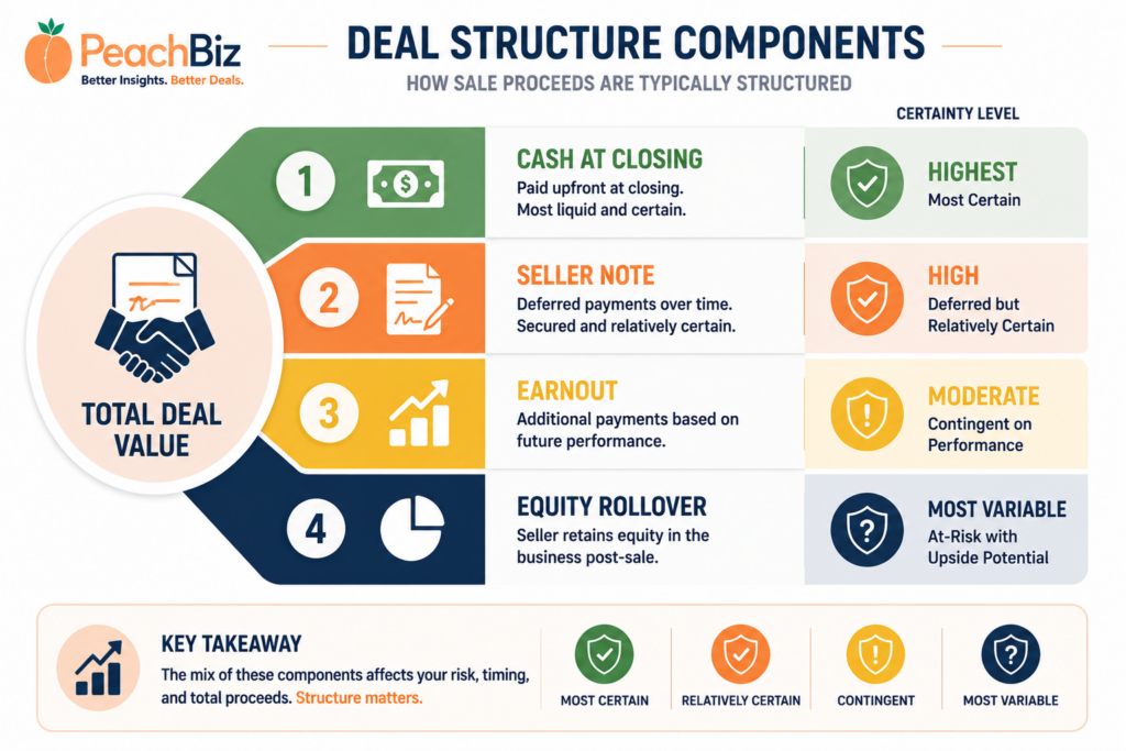 Flat-design infographic showing four deal structure components as a segmented bar — cash at closing in green as most certain, seller note in peach-orange as deferred but relatively certain, earnout in amber as contingent on performance, and equity rollover in navy as at-risk with upside potential — each with a certainty rating from highest to most variable.