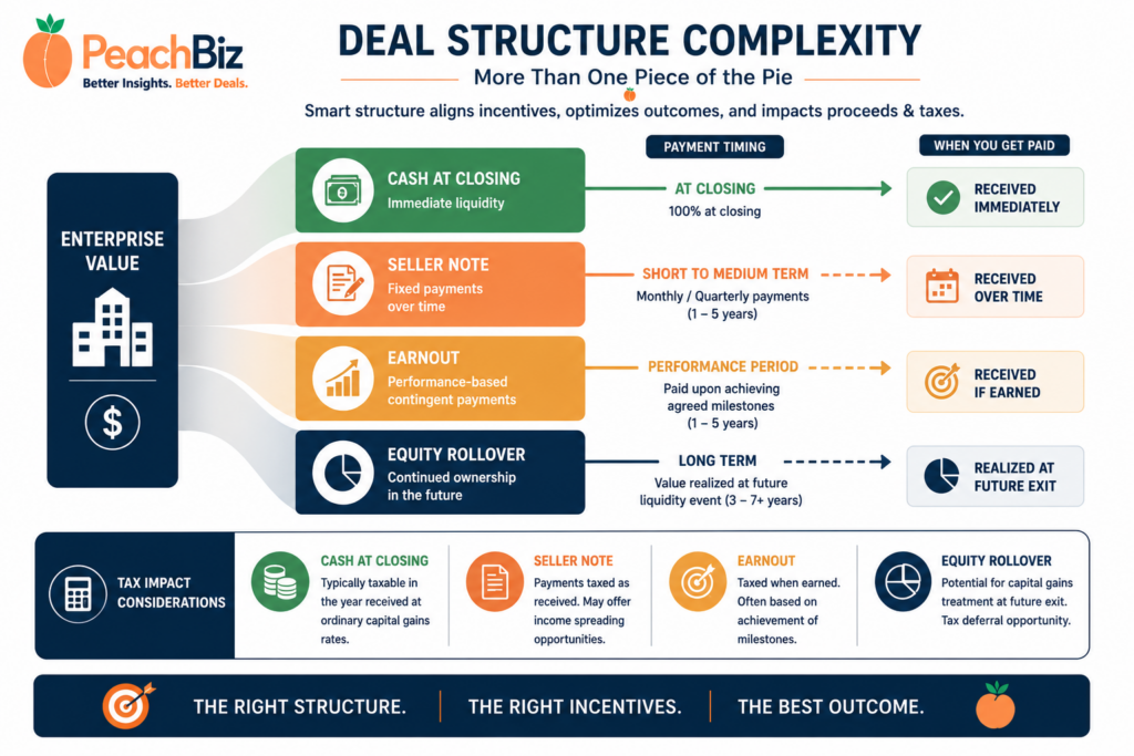 Flat-design illustration of an enterprise value bar splitting into four labeled segments flowing right — cash at closing as a large green segment, seller note as a medium peach-orange segment, earnout as a smaller amber segment, and equity rollover as a small navy segment — with arrows showing timing differences and a tax impact indicator below.