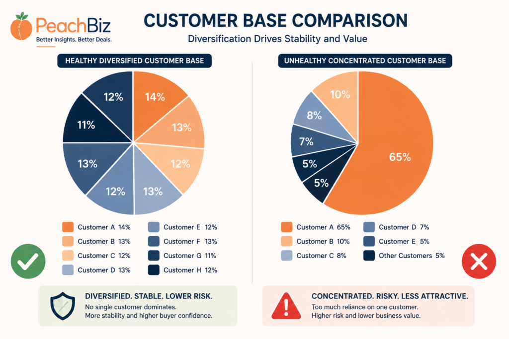 Flat-design comparison of two pie charts — a healthy, diversified customer base with multiple similar-sized segments marked with a green checkmark, and an unhealthy concentrated base with one dominant slice marked with a red X — in a peach-orange and navy palette.