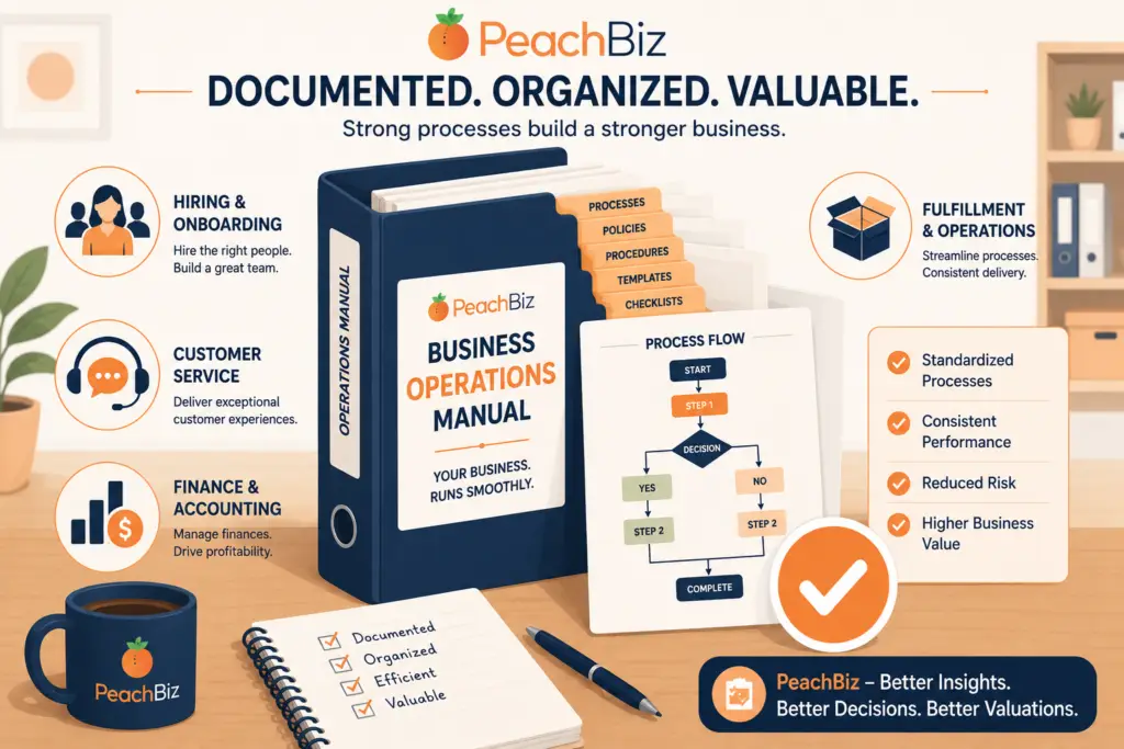 Flat-design illustration of a business operations manual and process documentation folder on a desk with visible flowchart pages, surrounded by icons for hiring, customer service, fulfillment, and finance, with a checkmark overlay indicating everything is documented, in a peach-orange and navy palette.