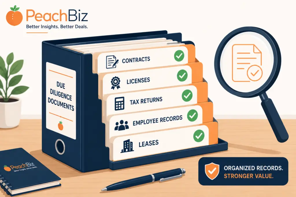 Flat-design illustration of an organized file cabinet or binder with labeled tabs for contracts, licenses, tax returns, employee records, and leases, each marked with a green checkmark, alongside a magnifying glass icon representing due diligence review, in a peach-orange and navy palette.
