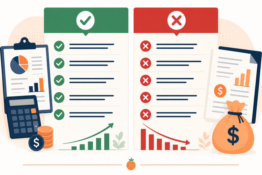 Wide-format flat-design two-column illustration with a green checkmark header and list on the left representing accepted EBITDA add-backs, and a red X header and list on the right representing rejected add-backs, with financial document and calculator icons nearby, in a warm peach-orange and dark navy palette.