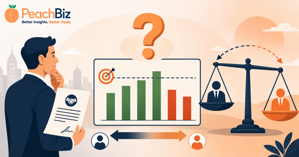 Wide-format flat-design illustration of a business seller holding a contract with a large question mark above a performance chart showing a target line with some bars reaching it in green and others falling short in red-orange, with a balance scale in the background showing risk shifting from buyer to seller, in a warm peach-orange and dark navy palette.