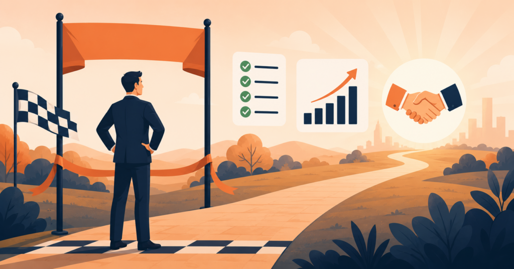 Wide-format flat-design illustration of a business owner standing confidently at a Ready finish line marker, surrounded by green checkmarks on a floating checklist, a rising chart, and a handshake icon in the distance representing a successful sale, in a warm peach-orange and dark navy palette.