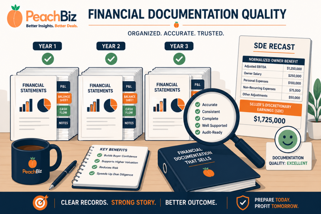 Flat-design illustration of three organized financial document stacks labeled Year 1, Year 2, and Year 3, each with a green checkmark, a magnifying glass examining them, and an SDE recast document prominently visible, in a peach-orange and navy palette.