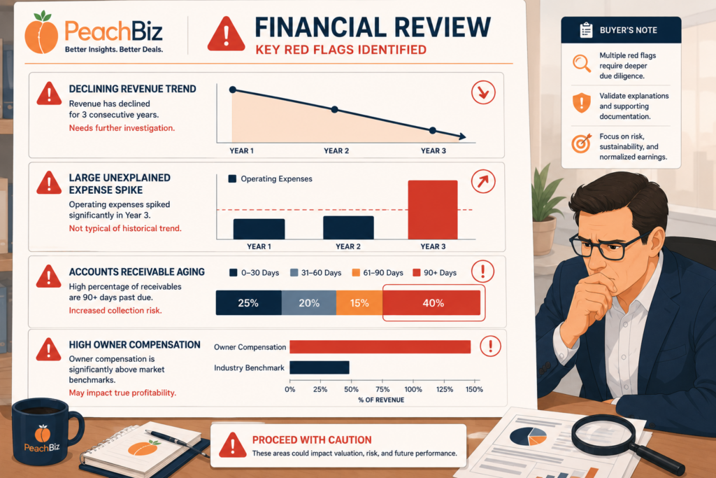 Flat-design illustration of a financial document with red warning icons near a declining revenue trend line, an unexplained expense spike, an accounts receivable aging bar with a large 90-plus day segment, and an oversized owner compensation line, with a concerned buyer figure in the background, in peach-orange and red accents with a navy palette.