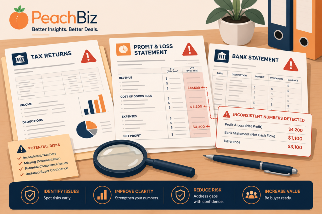 Flat-design illustration of financial documents — tax returns, profit and loss statements, and bank statements — with red warning icons on several of them and inconsistent numbers highlighted in red on one, alongside a magnifying glass, in a peach-orange and navy palette.