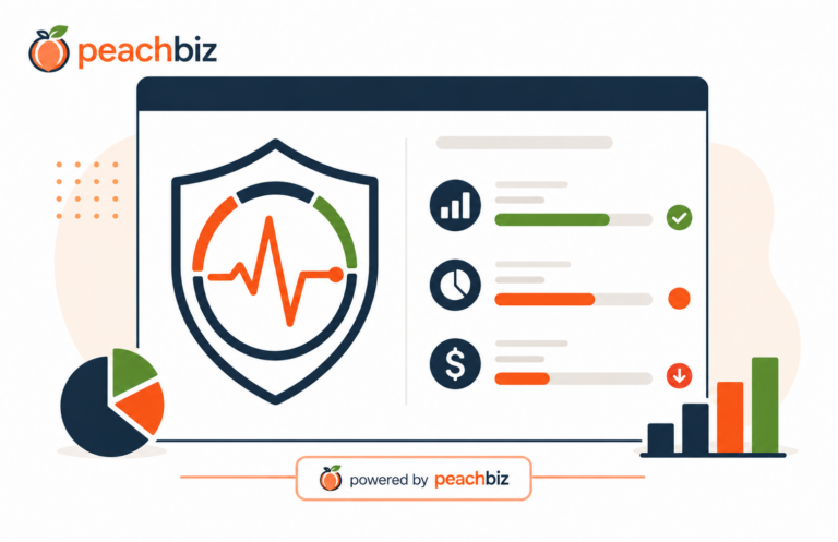 Illustration of a pulse line across a shield gauge, representing PeachBiz's Margin Health Scorer diagnostic tool