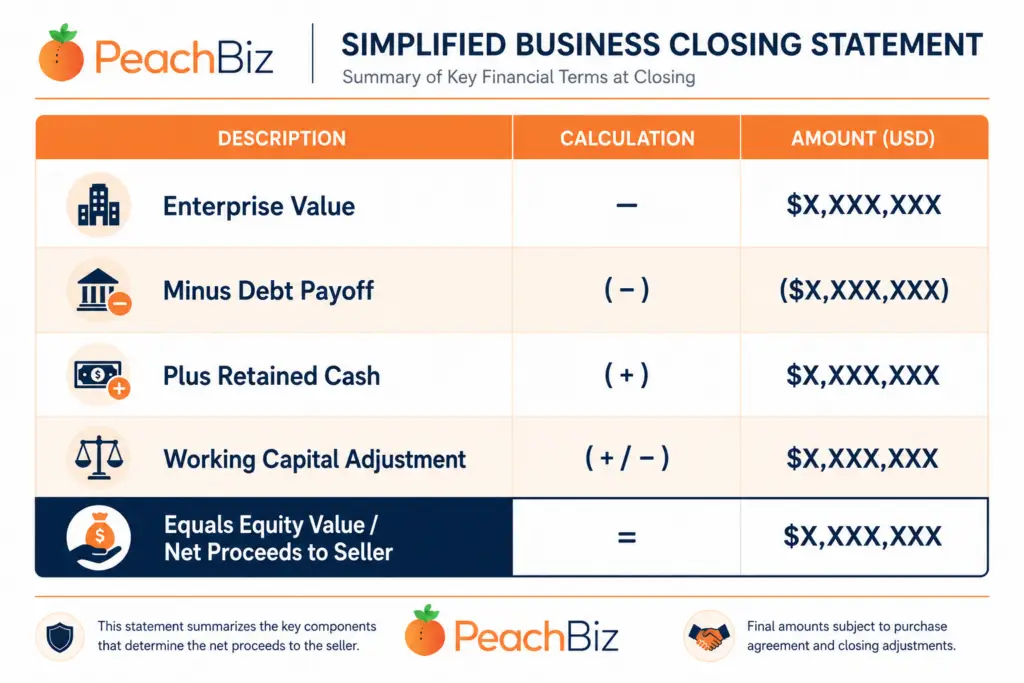 Flat-design closing statement table showing enterprise value minus debt payoff, plus retained cash, plus or minus working capital adjustment, equals equity value or net proceeds to seller, with placeholder dollar amounts, a peach-orange header row, alternating light rows, and navy text.