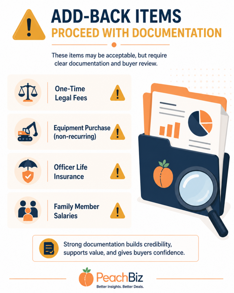 Flat-design illustration listing add-back items with amber caution icons beside each — one-time legal fees, non-recurring equipment purchase, officer life insurance, and family member salaries — with a document folder and magnifying glass nearby, in peach-orange and amber accents with navy text on a white background.