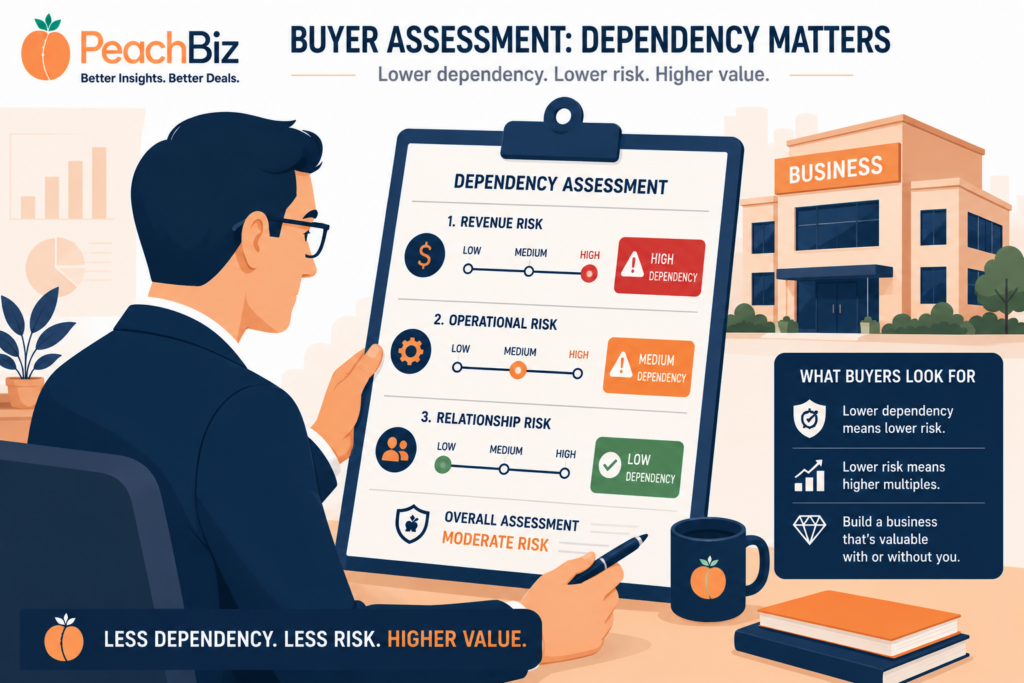 Flat-design illustration of a buyer with a clipboard assessing three categories — revenue risk, operational risk, and relationship risk — each with a rating scale showing high, medium, or low dependency, with a business building in the background, in a peach-orange and navy palette.