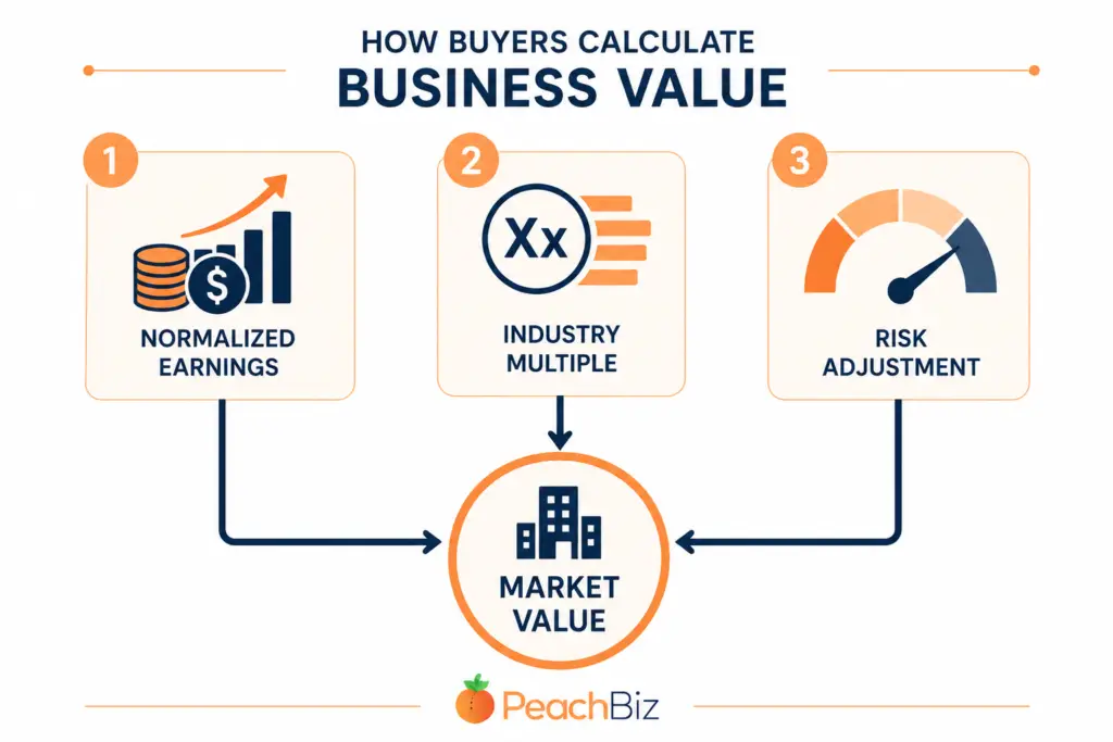 Flat-design infographic showing three inputs a buyer uses to calculate business value — normalized earnings, industry multiple, and risk adjustment — with arrows pointing into a central circle labeled "Market Value.