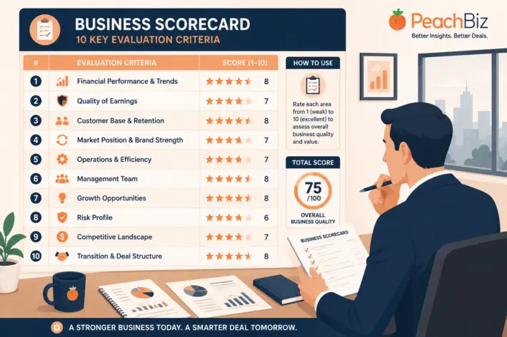 Flat-design illustration of a buyer reviewing a business scorecard with ten evaluation criteria shown as a checklist with scores, in a peach and navy color palette.