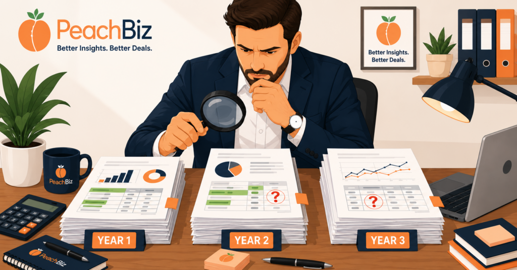 Wide-format flat-design illustration of a buyer at a desk with three financial document stacks labeled Year 1, Year 2, and Year 3, holding a magnifying glass over one document with green highlight marks on some sections and red question marks on others, in a warm peach-orange and dark navy palette.