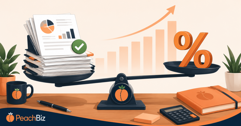 Wide-format flat-design illustration of a balanced scale with a stack of clean, organized financial documents and a green checkmark on the left tipping it heavier, and a large percentage symbol representing a valuation multiple on the right, with a rising bar chart in the background, in a warm peach-orange and dark navy palette.