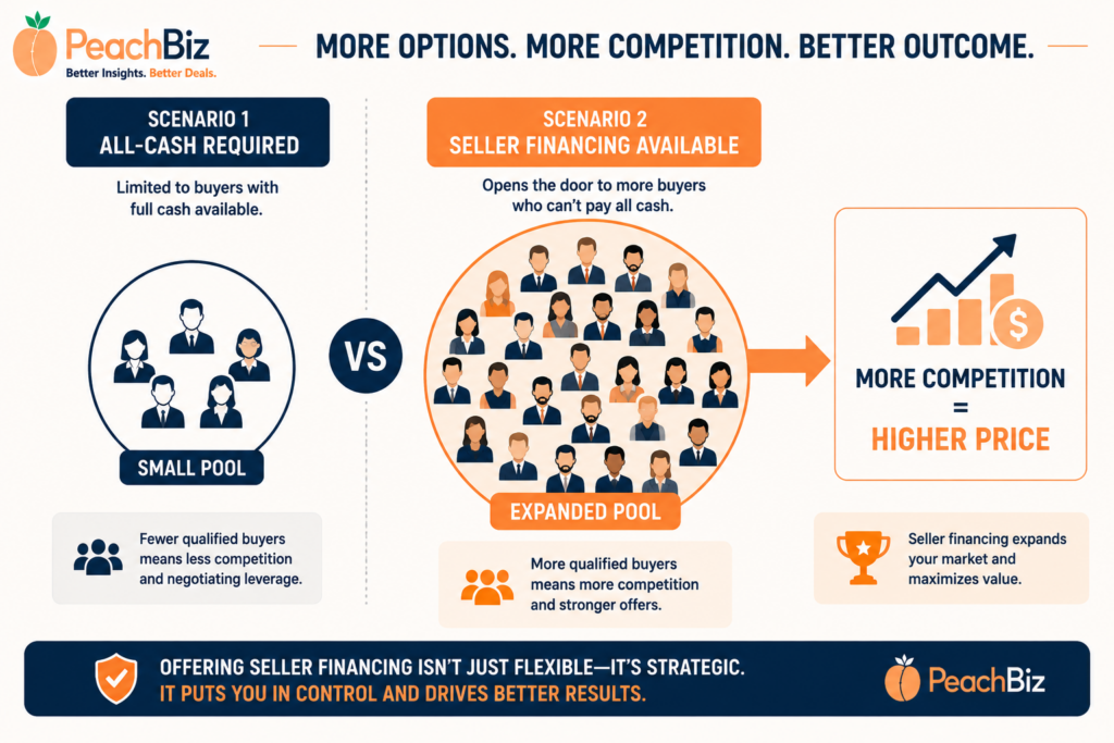Flat-design comparison infographic showing an all-cash-required scenario with a small circle of buyer figures labeled small pool and a seller-financing-available scenario with a much larger circle labeled expanded pool, with an arrow leading to a more competition equals higher price outcome box, in peach-orange for the expanded pool and navy for the limited pool.