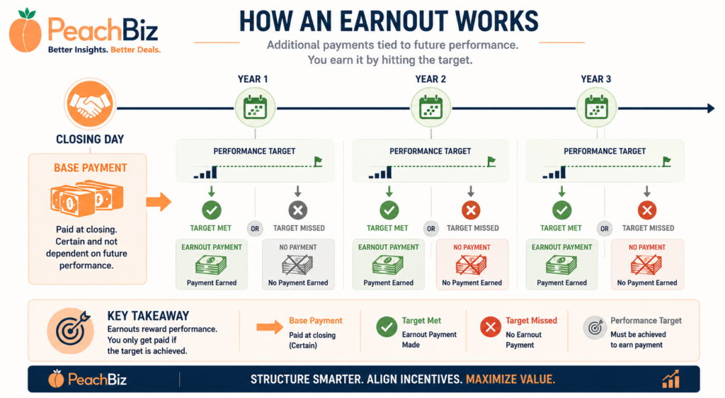 Flat-design timeline infographic showing how an earnout works, from closing day with a base payment arrow through Year 1, Year 2, and Year 3, each with a conditional earnout payment arrow shown green when the target is met or gray when missed, and a performance target bar at each year, in peach-orange for the base payment and green and gray for earnout outcomes.