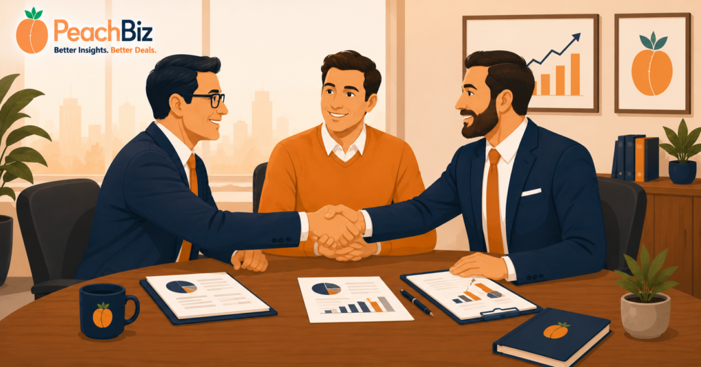 Wide-format flat-design illustration of two advisor figures, an exit planner and a business broker, shaking hands across a conference table with a satisfied business owner seated between them and documents and charts on the table, in a warm peach-orange and dark navy palette.