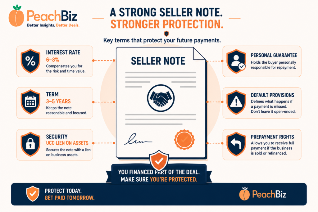 Flat-design infographic of a seller note document with labeled protection terms — interest rate of 6 to 8 percent, term of 3 to 5 years, security via a UCC lien on assets, personal guarantee, default provisions, and prepayment rights — each with a shield or checkmark icon, in a peach-orange and navy palette.