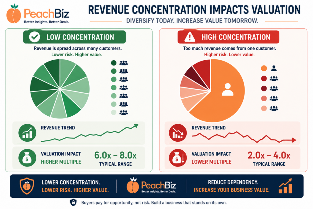 Flat-design side-by-side illustration comparing a low concentration scenario — a pie chart with many small, similar-sized slices, a stable arrow, and a higher multiple indicator — with a high concentration scenario — a pie chart dominated by one large slice, a volatile arrow, and a lower multiple indicator — in green tones for low concentration and red-orange tones for high concentration with navy labels.