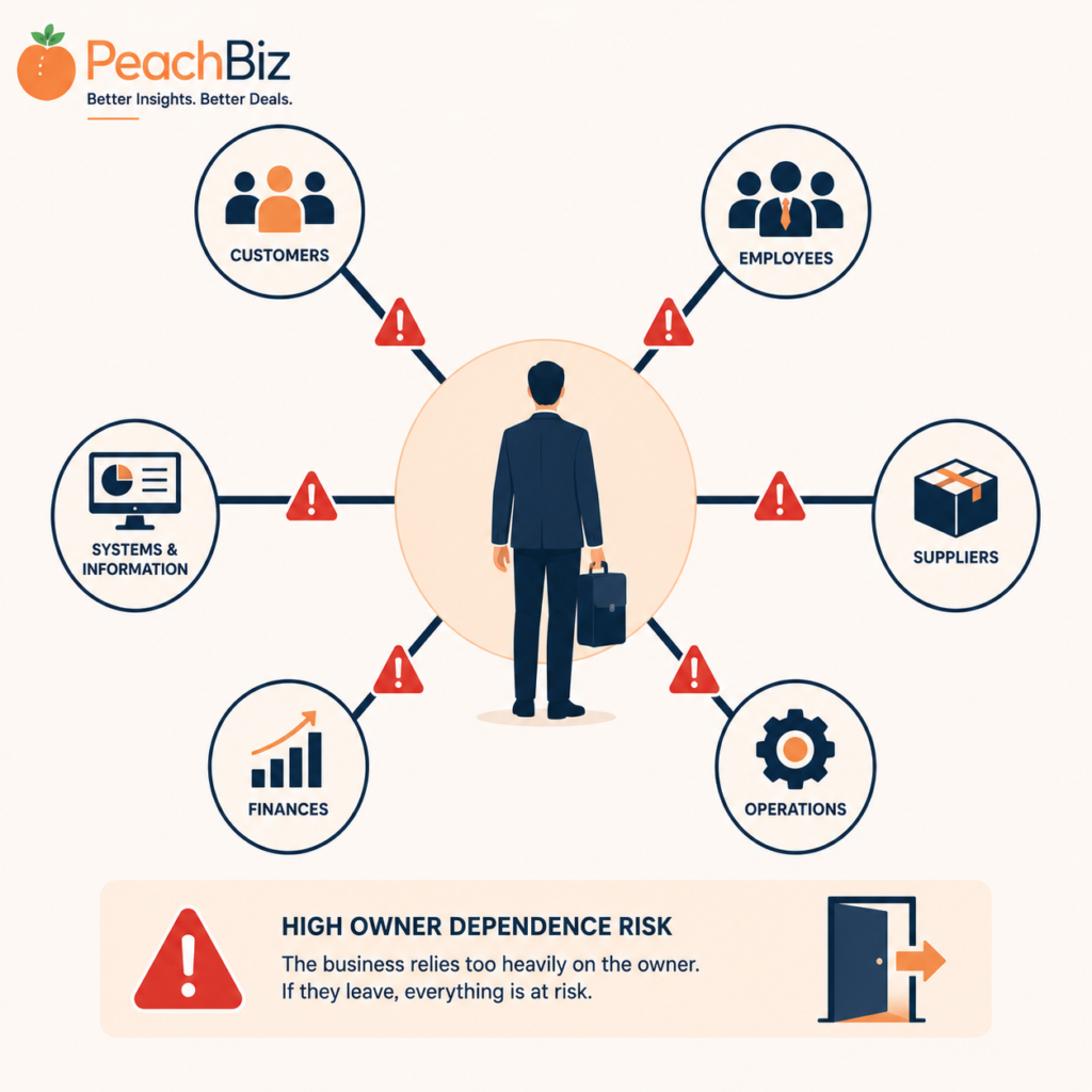 Flat-design illustration of a business owner figure at the center of a web with all connections — customers, employees, suppliers, and operations — running only through them, with red warning icons on the connection lines and the owner holding a suitcase as if about to leave, in a peach-orange and navy palette.