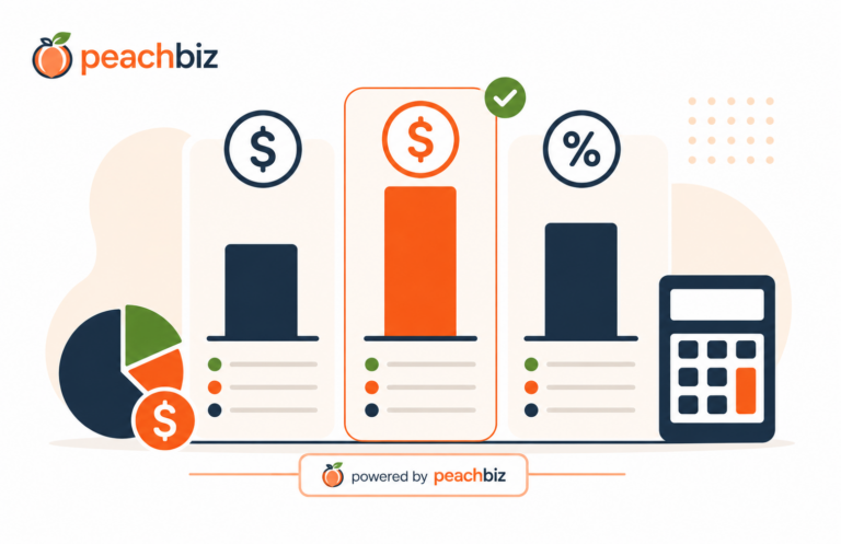 Illustration of comparison bar charts and a calculator, representing PeachBiz's Business Financing Calculator