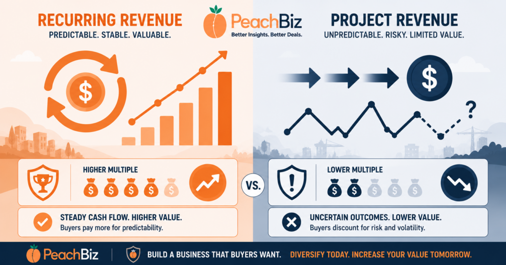 Wide-format flat-design illustration split into two halves — a recurring revenue side with circular repeat-payment arrows, a steady upward trend line, and a higher multiple indicator, and a project revenue side with one-directional arrows, a jagged uncertain revenue line, and a lower multiple indicator — in warm peach-orange for recurring and dark navy for project revenue.