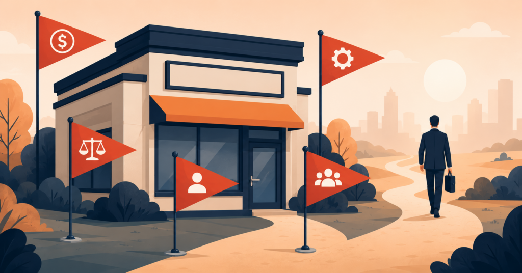 Wide-format flat-design illustration of a business storefront with several red warning flags planted around it representing risk categories — financials, legal, owner dependence, customers, and systems — and a buyer figure walking away in the background, in a warm peach-orange and dark navy palette.