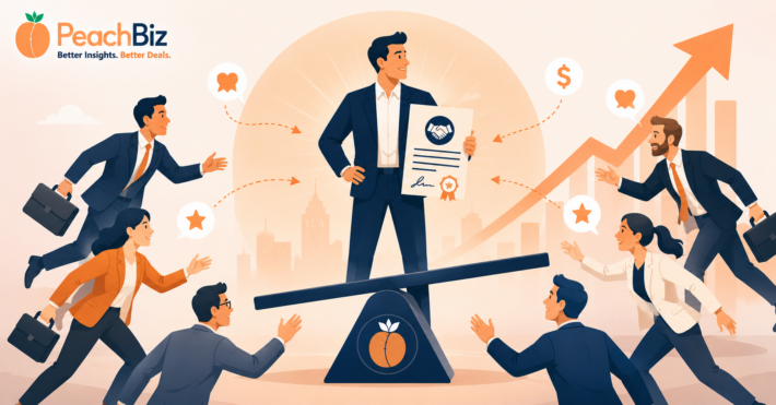 Wide-format flat-design illustration of a seller figure at the center holding a Seller Financing Available document as a fulcrum, with multiple buyer figures approaching from different directions showing interest and a rising price arrow in the background, in a warm peach-orange and dark navy palette.