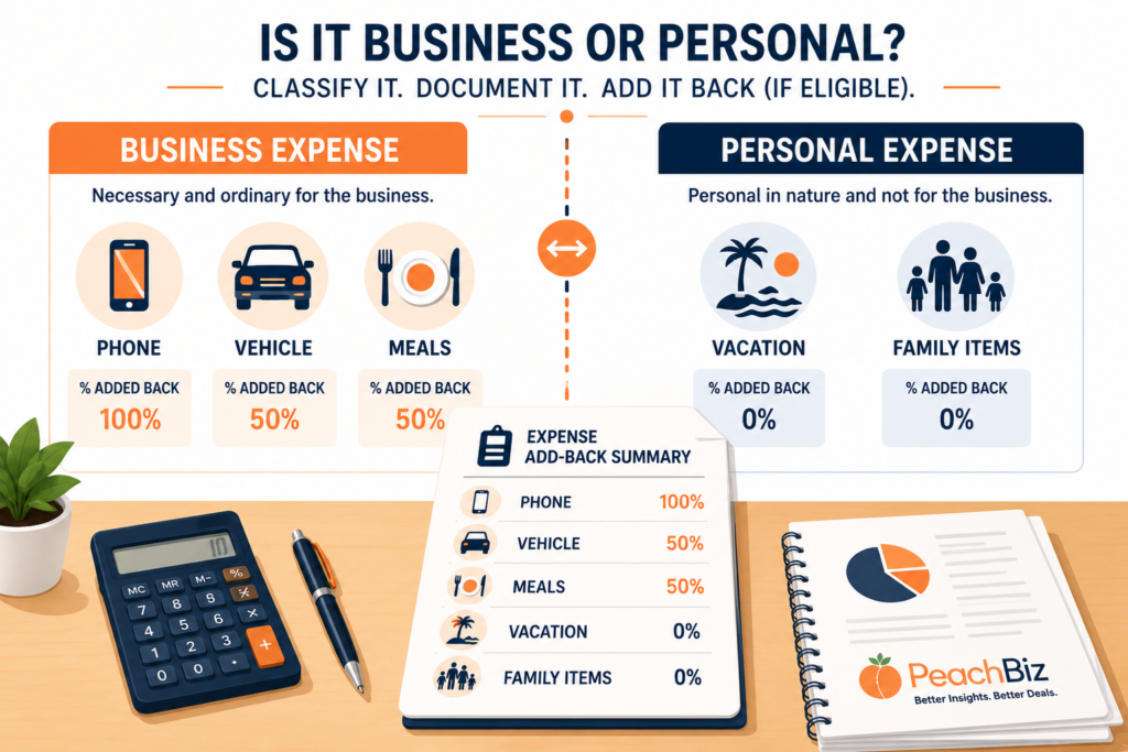 Flat-design illustration showing a dividing line between business and personal expenses, with phone, vehicle, and meals icons on the business side and vacation and family icons on the personal side, plus a document showing what percentage of each is added back, in a peach-orange and navy palette.