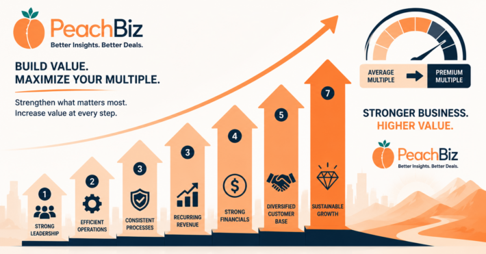 Wide-format flat-design illustration of seven upward-pointing arrows of increasing height forming a staircase pattern, rising toward a multiple range indicator that moves from average multiple to premium multiple, in a warm peach-orange and dark navy palette.