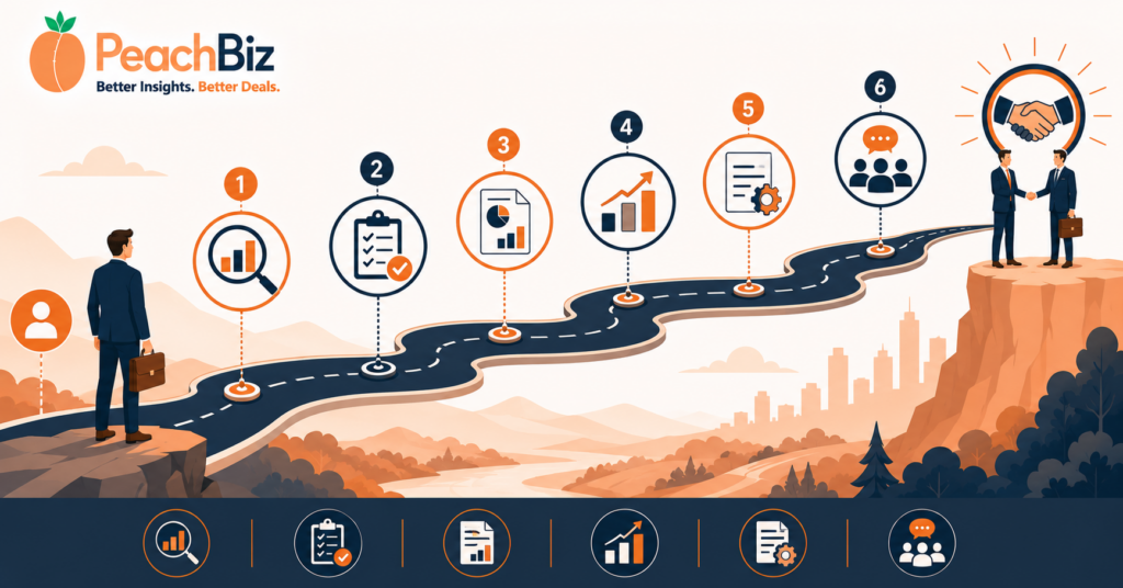 Wide-format flat-design illustration of a business exit roadmap as a winding road passing through six milestone markers — understand your value, assess exit readiness, clean up financials, build value drivers, structure the deal, and advisor strategy — with a business owner figure at the start and a closing handshake at the end, in a warm peach-orange and dark navy palette.